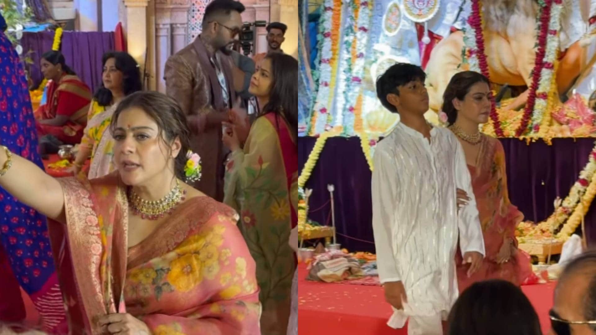 Navratri Special Kajol seen serving bhog to the devotees along with her son Yug like every year video viral