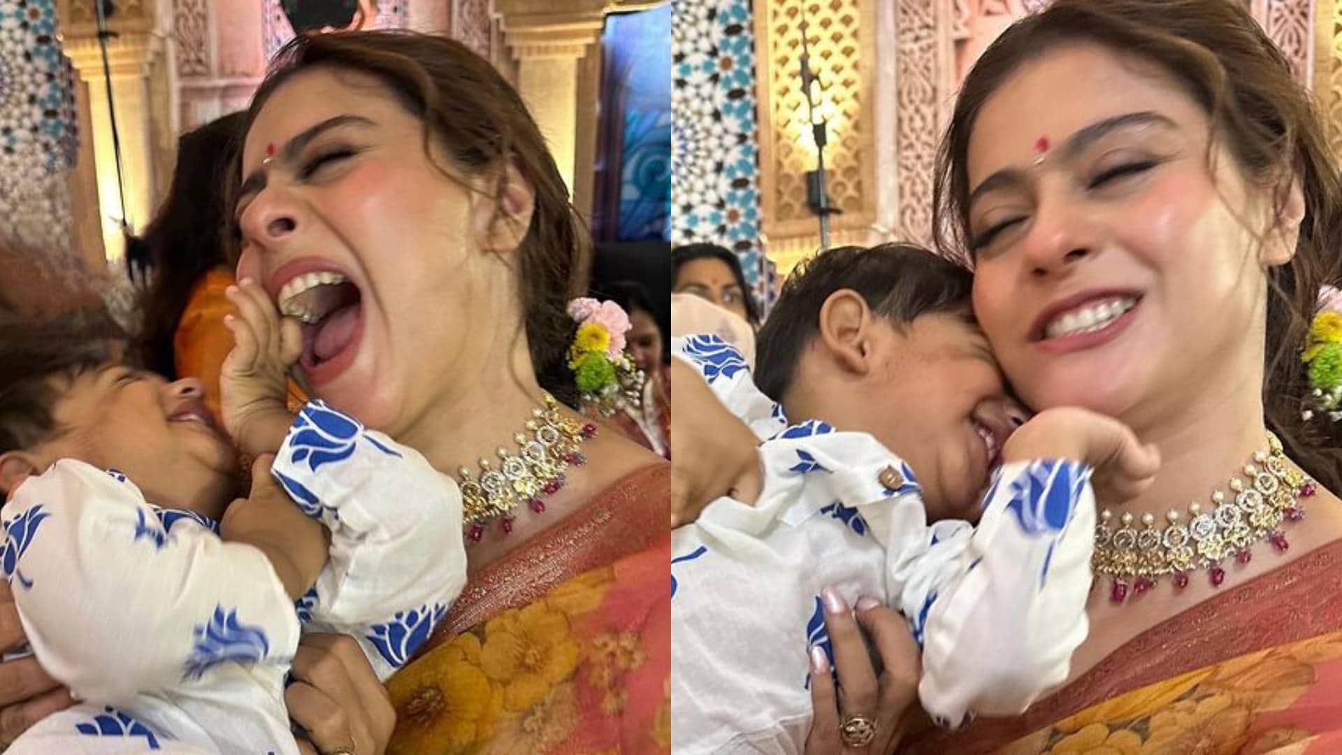 Navratri Special Kajol seen serving bhog to the devotees along with her son Yug like every year video viral