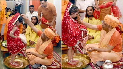 सीएम योगी आदित्यनाथ ने शारदीय नवरात्र की नवमी तिथि पर कन्या पूजन किया