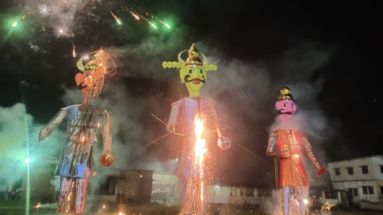 Dussehra 2024: 51 feet tall effigies of Ravana, Kumbhkarna, Meghnad burnt in MLT College ground of Saharsa