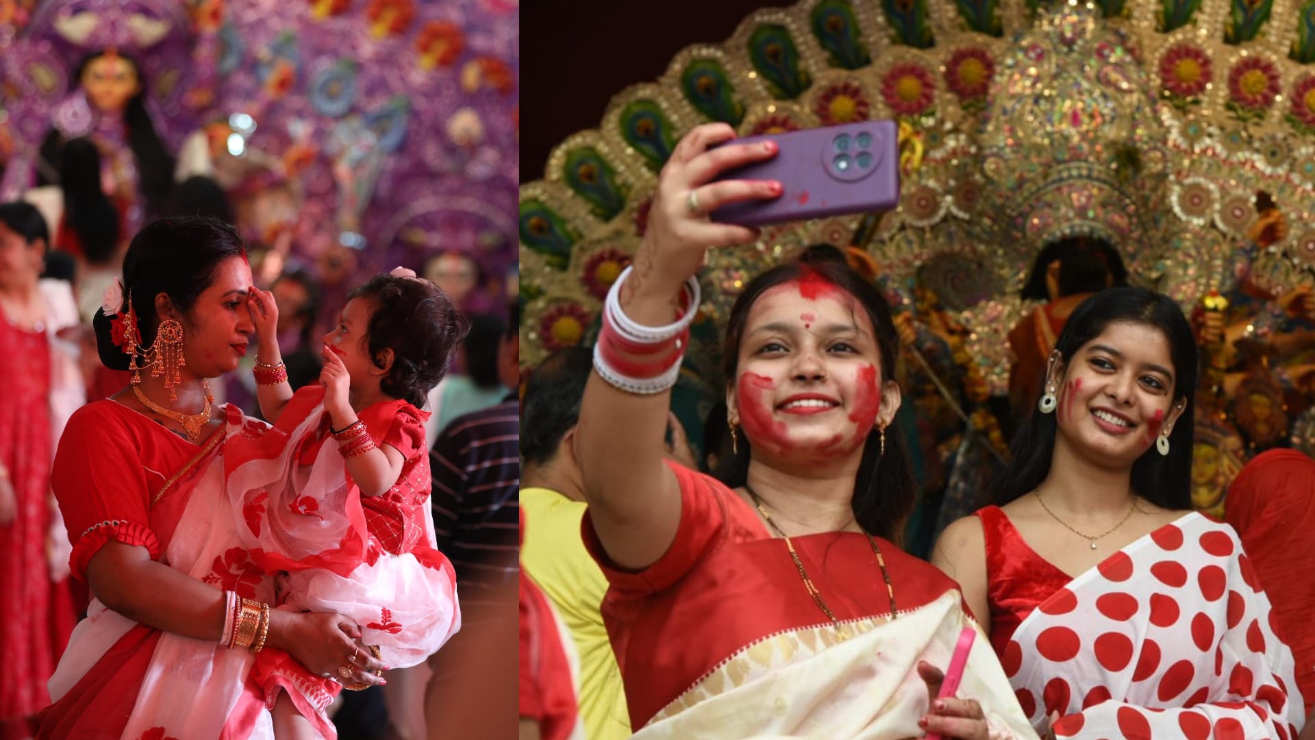 Women play sindoor on the day of Durga idols immersion in Lucknow.