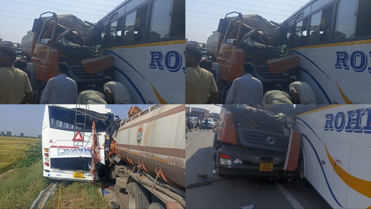 Accident at KMP: Tanker filled with chemicals collides with a parked bus full of devotees, one woman dead