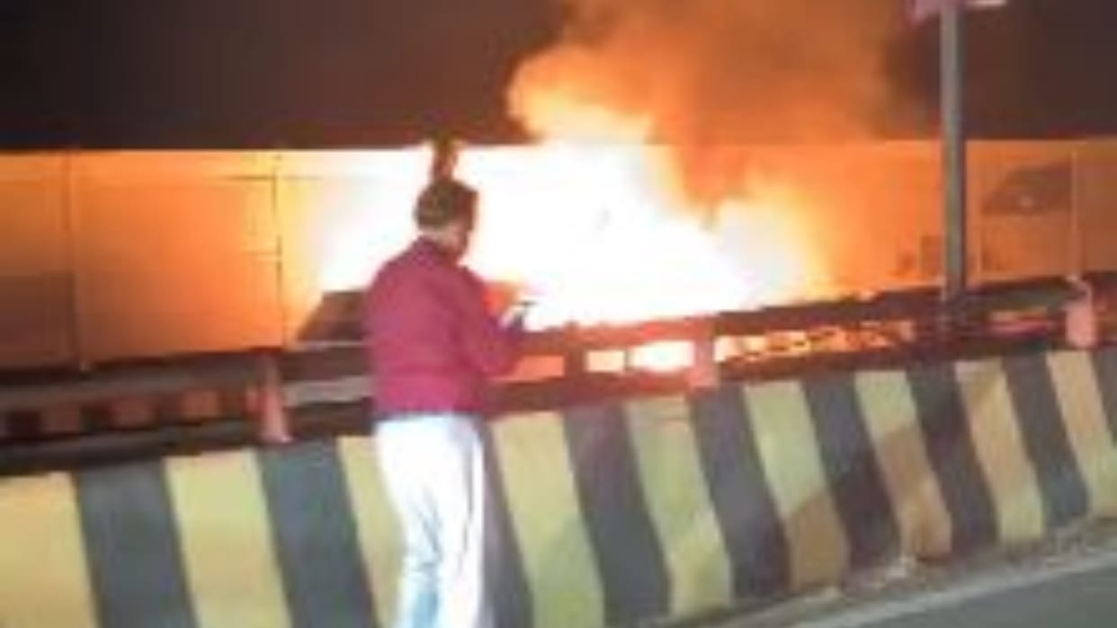 Two cars caught fire after colliding with each other on the Dwarka Expressway. One person died