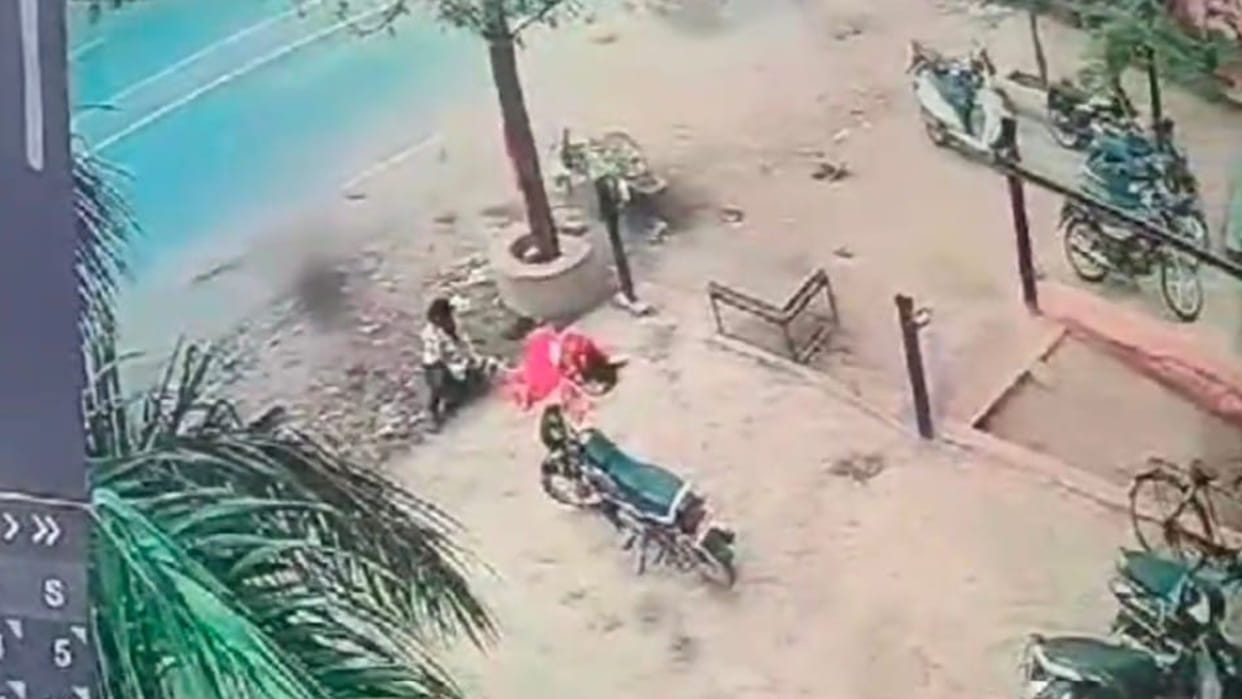A couple riding a bike flew into the air after being hit by a car in Katni