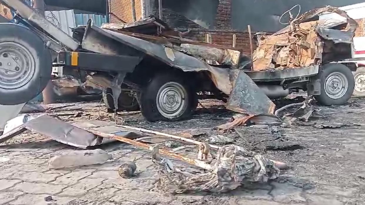 Cylinder burst after fire in ambulance parked near petrol pump
