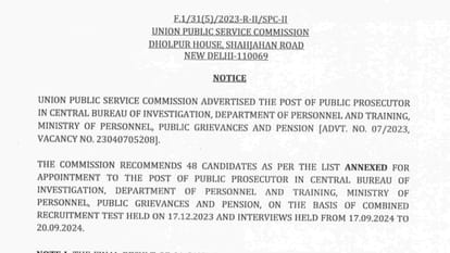 UPSC CBI Public Prosecutor post result Released at upsc.gov.in; check details here