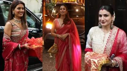 Bollywood Actresses reached anil kapoor home to celebrate karwa chauth raveena tandon mira rajput