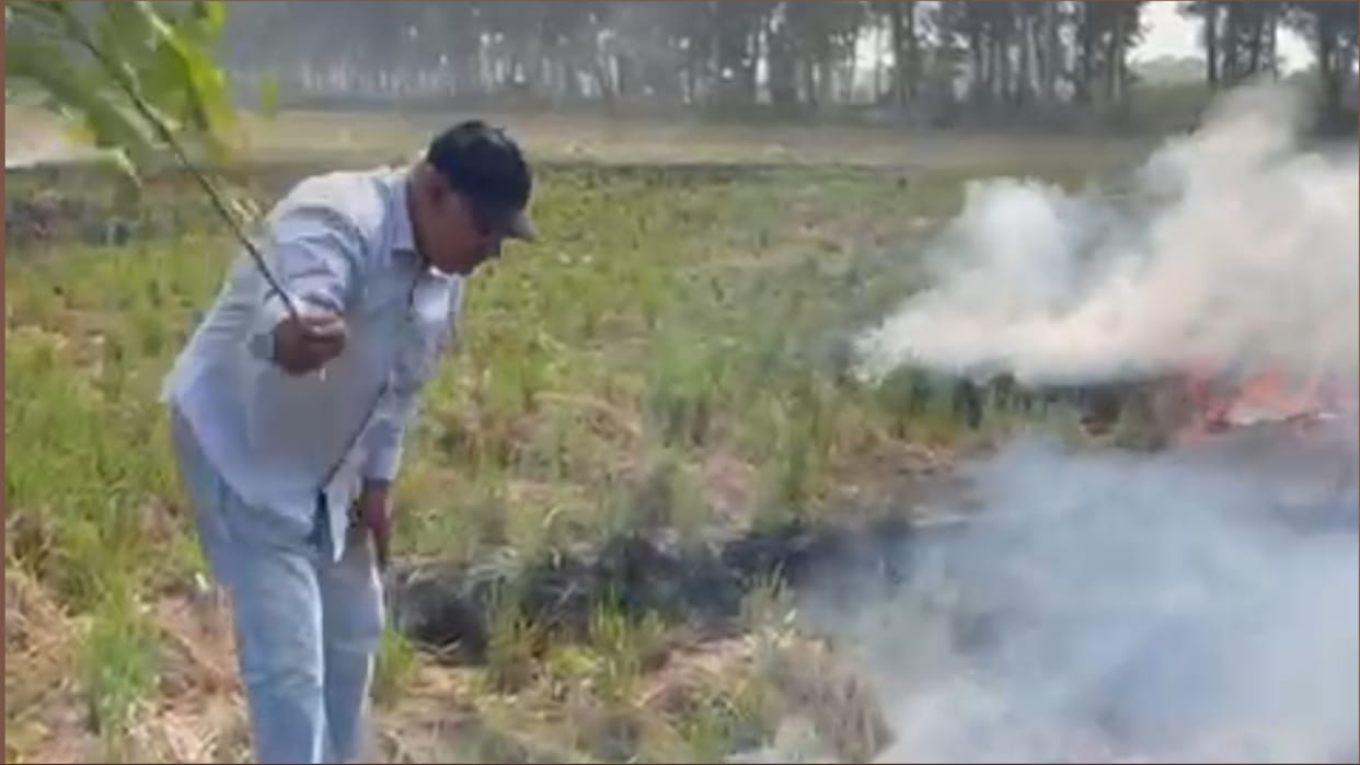 Burning crop residue found in village Mahalana in Sonipat, team extinguished the fire