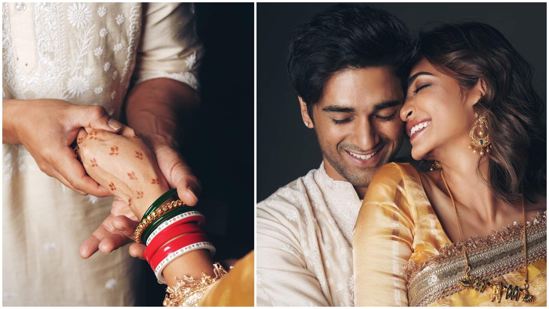 Kriti Kharbanda First Karwa Chauth Look Wore Yellow Silk Saree With Chandbali And kangan Images