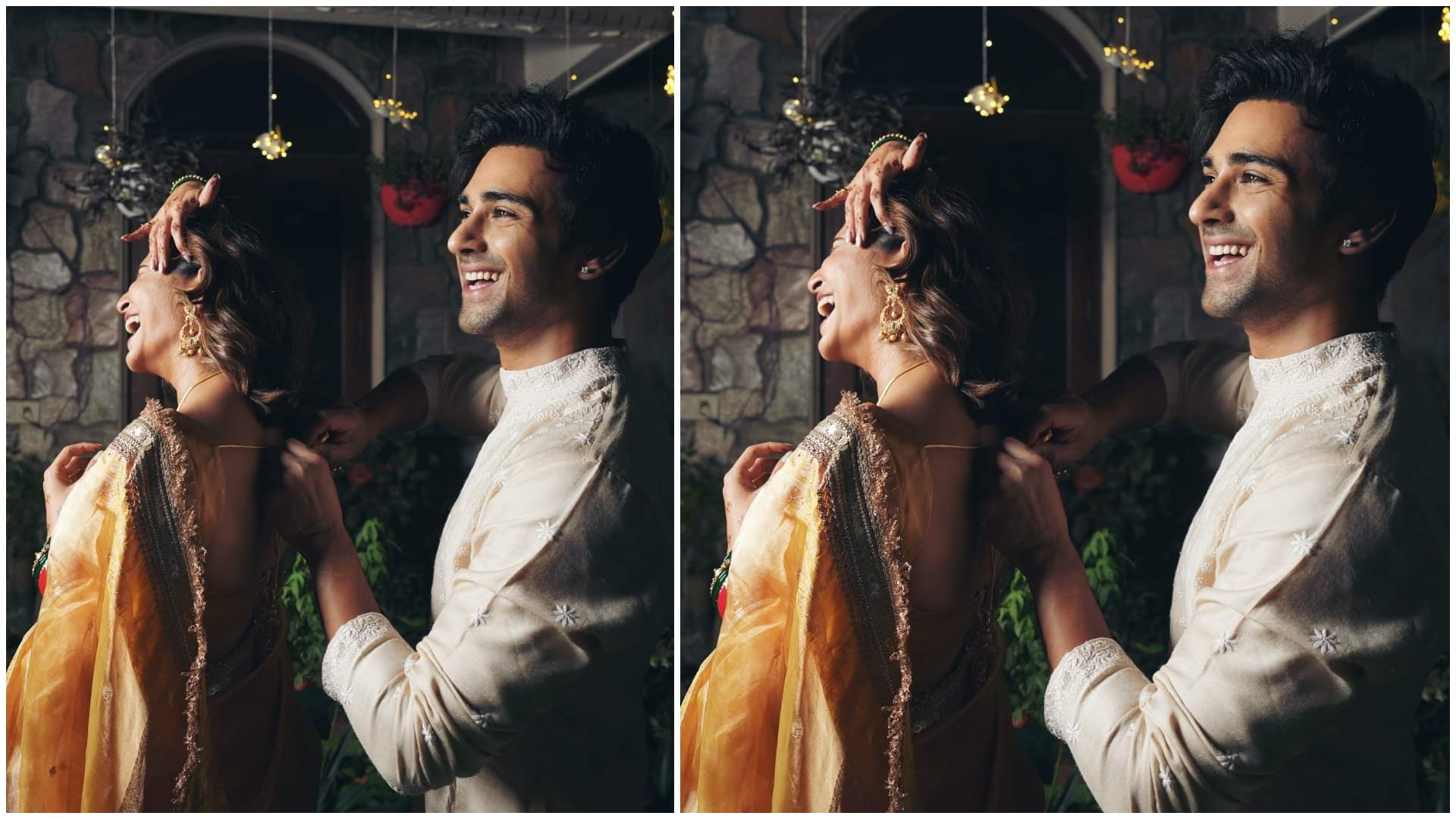 Kriti Kharbanda First Karwa Chauth Look Wore Yellow Silk Saree With Chandbali And kangan Images