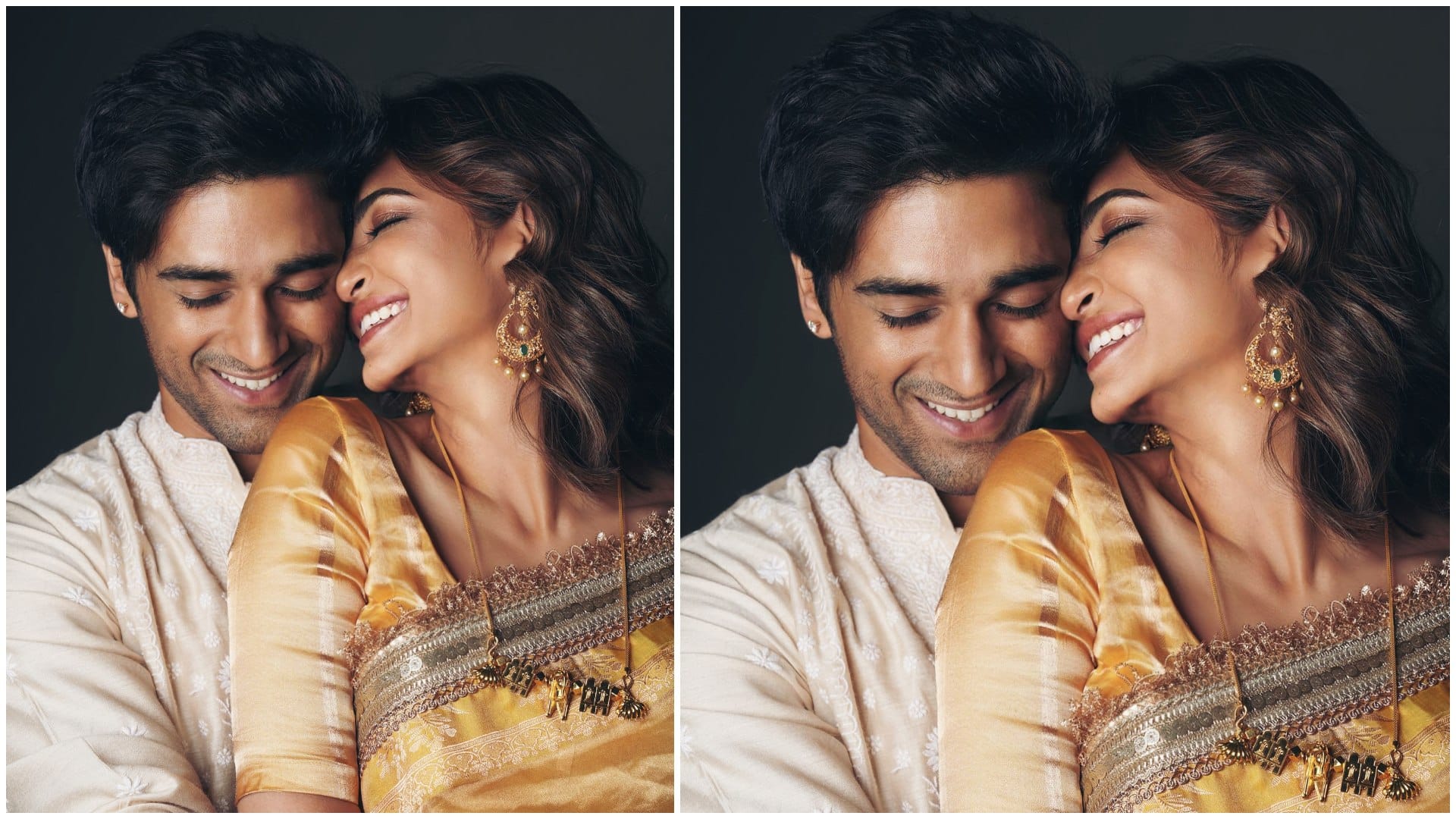 Kriti Kharbanda First Karwa Chauth Look Wore Yellow Silk Saree With Chandbali And kangan Images