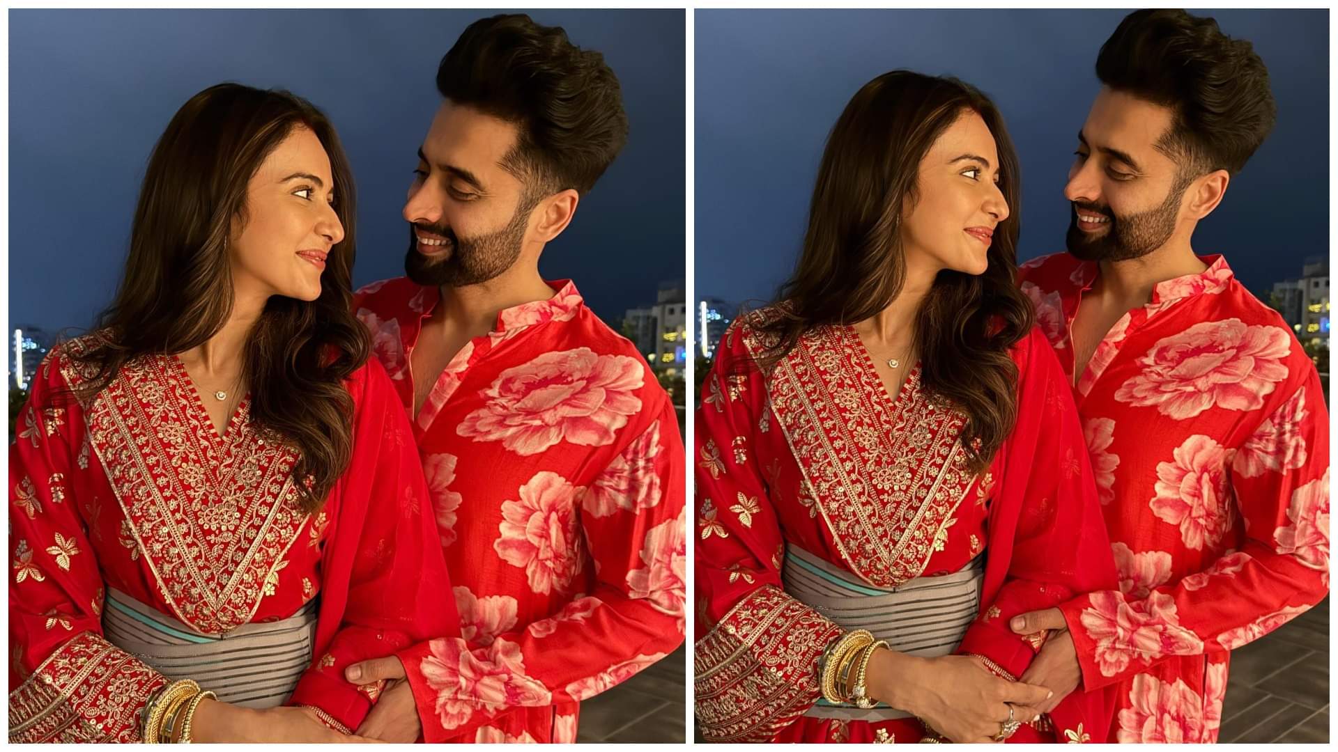 Rakul Preet Singh First Karwa Chauth 2024 Look In Red Suit With Husband Jackky Bhagnani Images