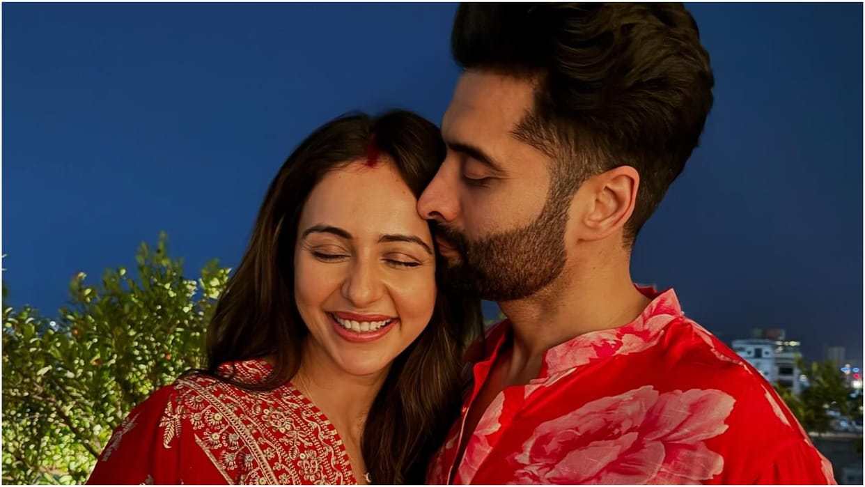 Rakul Preet Singh First Karwa Chauth 2024 Look In Red Suit With Husband Jackky Bhagnani Images