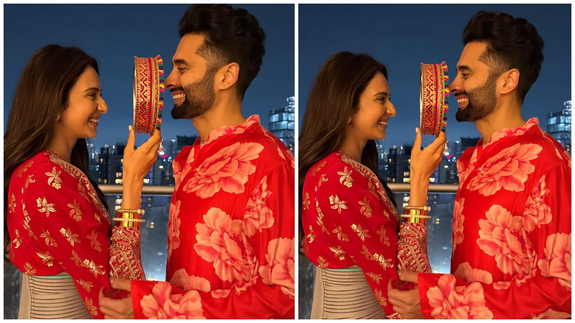 Rakul Preet Singh First Karwa Chauth 2024 Look In Red Suit With Husband Jackky Bhagnani Images