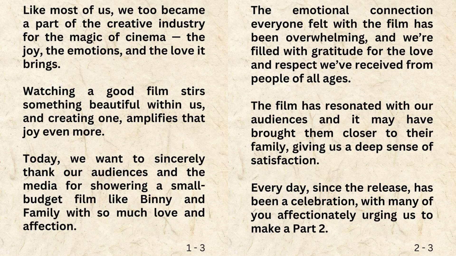 Binny And Family 2 Producer overwhelmed with the love announces sequel of Pankaj Kapur anjini dhawan film
