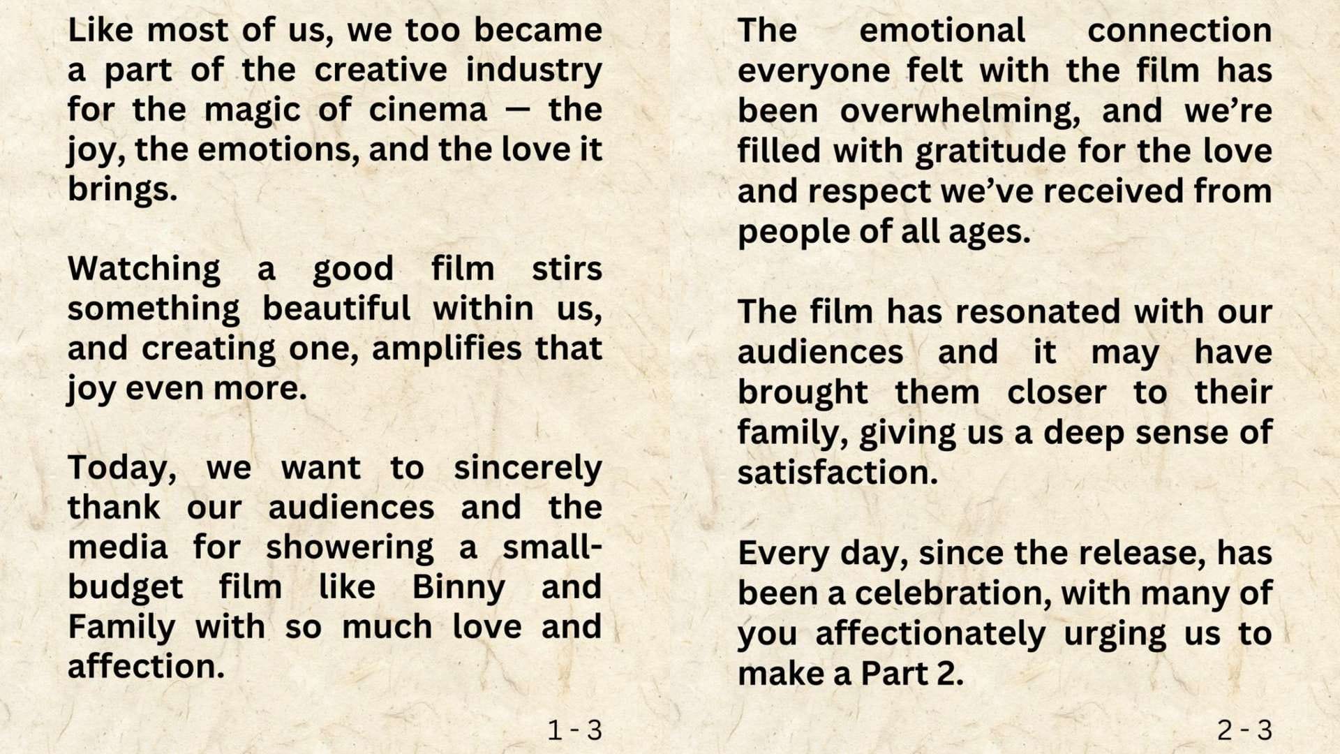 Binny And Family 2 Producer overwhelmed with the love announces sequel of Pankaj Kapur anjini dhawan film