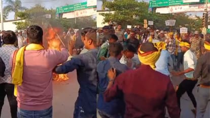 आदिवासी समाज ने डिप्टी सीएम विजय शर्मा का पुतला दहन किया