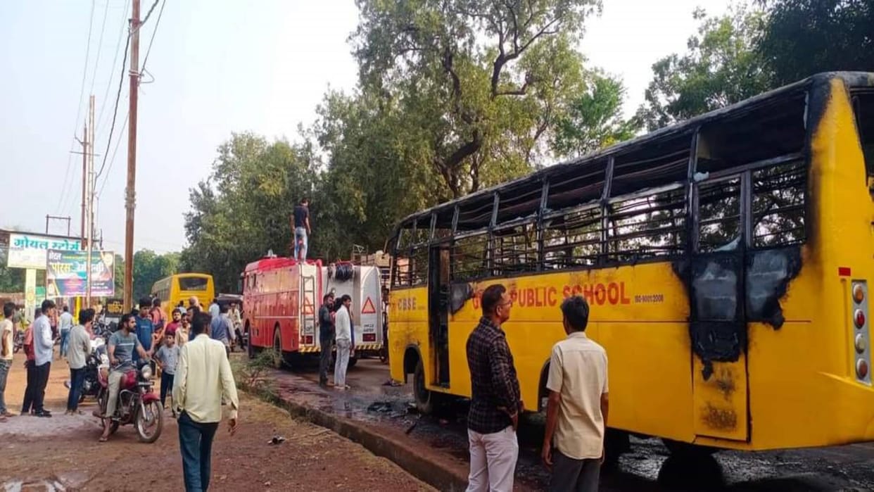 Shivpuri Gita Public School bus caught fire due to short circuit