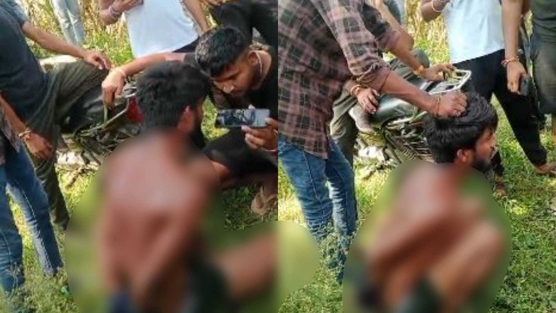 युवक की पिटाई करते हुए