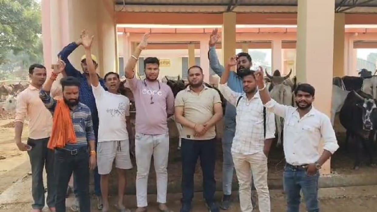 Rashtriya Bajrang Dal workers sit-in protest against the pitiable condition of cows in the cowshed