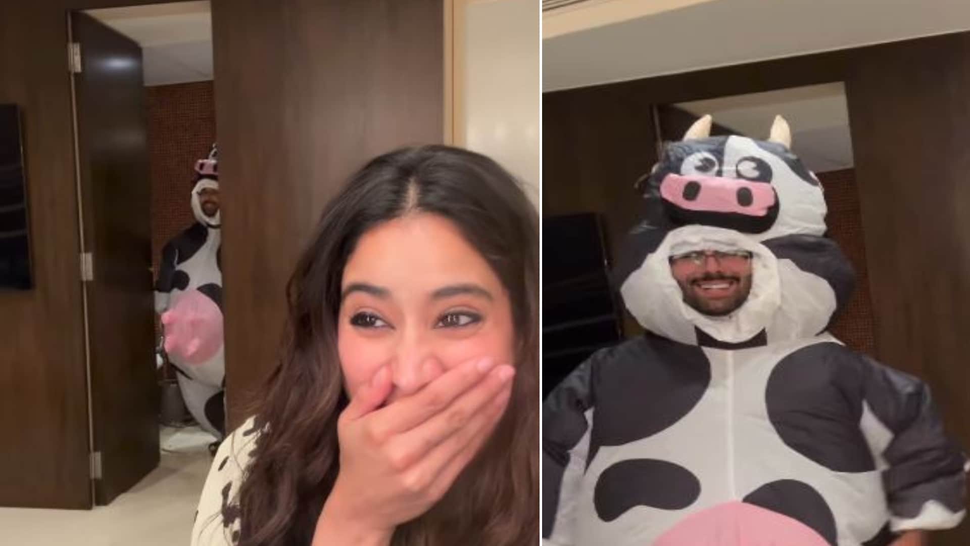Janhvi Kapoor Can not stop laughing after watching Orry Dresses Up Like A Cow Instead Of Cowgirl video viral