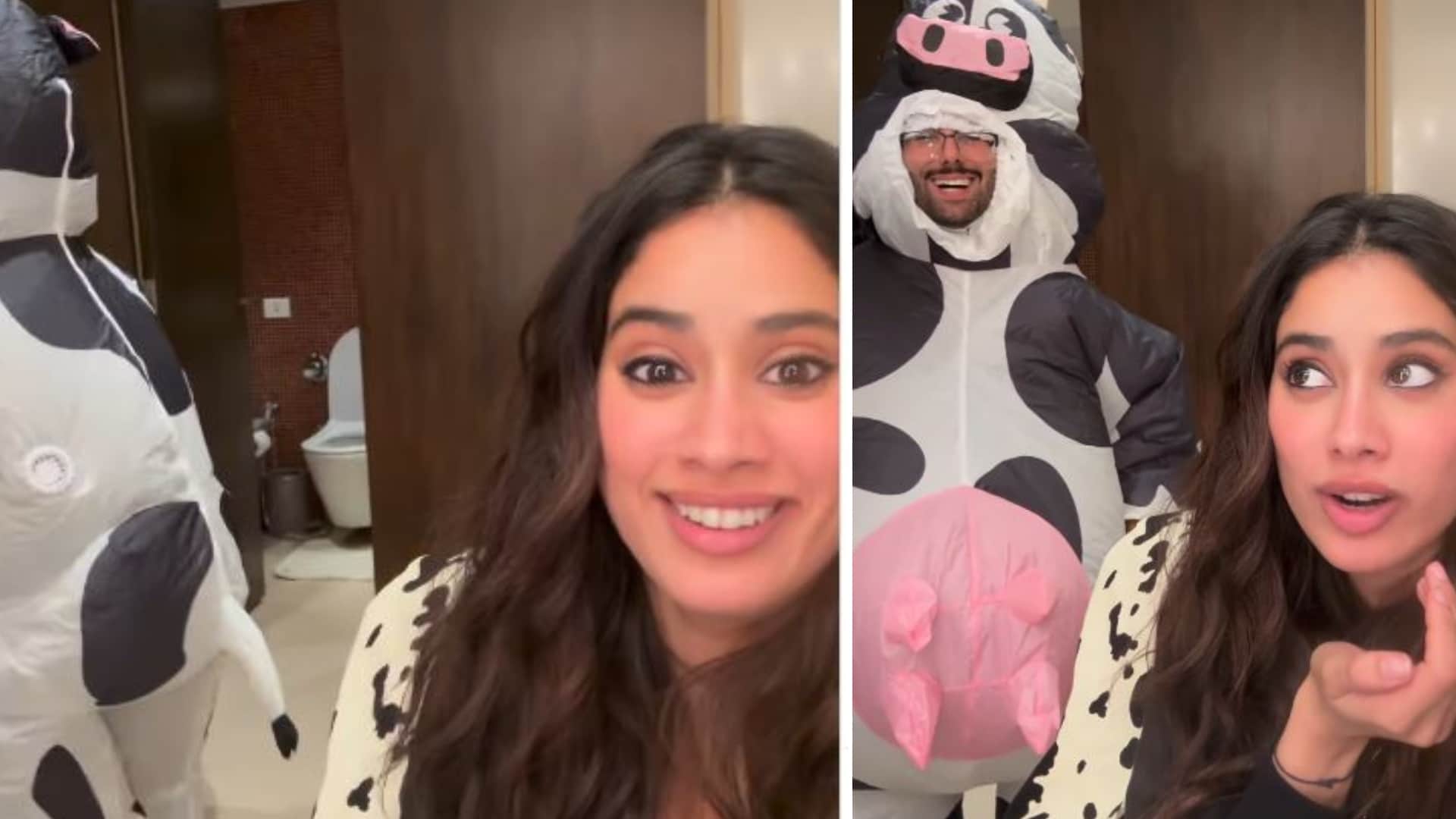 Janhvi Kapoor Can not stop laughing after watching Orry Dresses Up Like A Cow Instead Of Cowgirl video viral