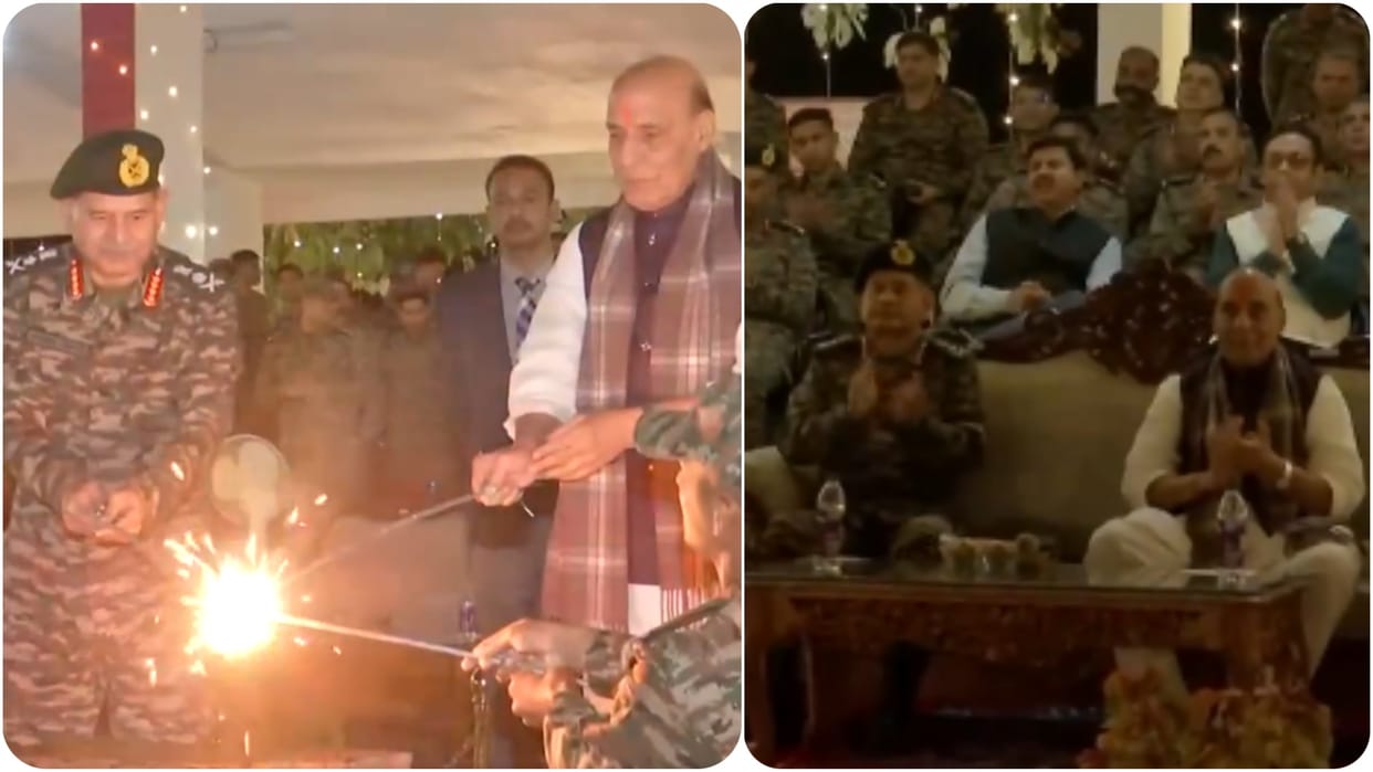 Defence Minister Rajnath Singh celebrates Diwali with Army jawans in Tezpur, Assam.
