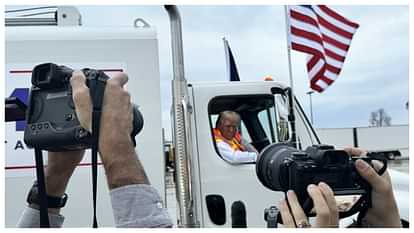 Donald Trump in MAGA garbage truck in Wisconsin rally target kamala harris joe biden