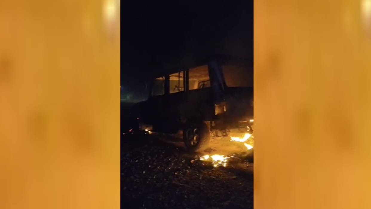 A jeep burned near railway crossing in Ambedkar nagar.