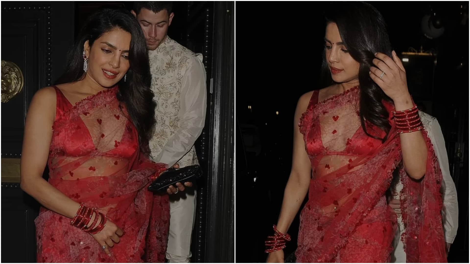 Priyanka Chopra celebrates diwali in london apply saree for desi look and nick jonas in kurta pajama