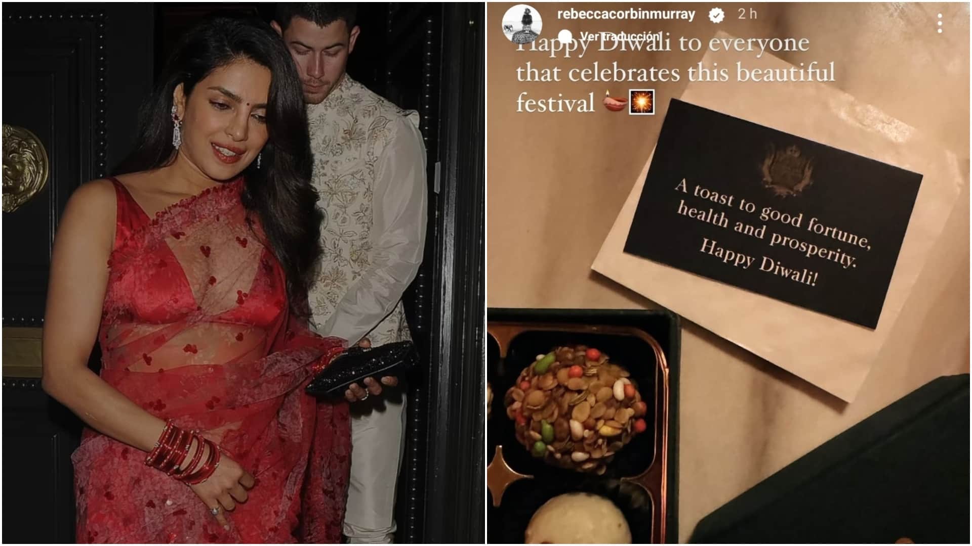 Priyanka Chopra celebrates diwali in london apply saree for desi look and nick jonas in kurta pajama