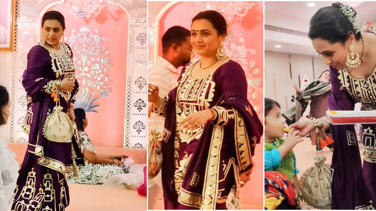 Rani Mukerji can be seen bowing down to Maa Kaali on the occasion of Diwali Actress gorgeous in a purple shara
