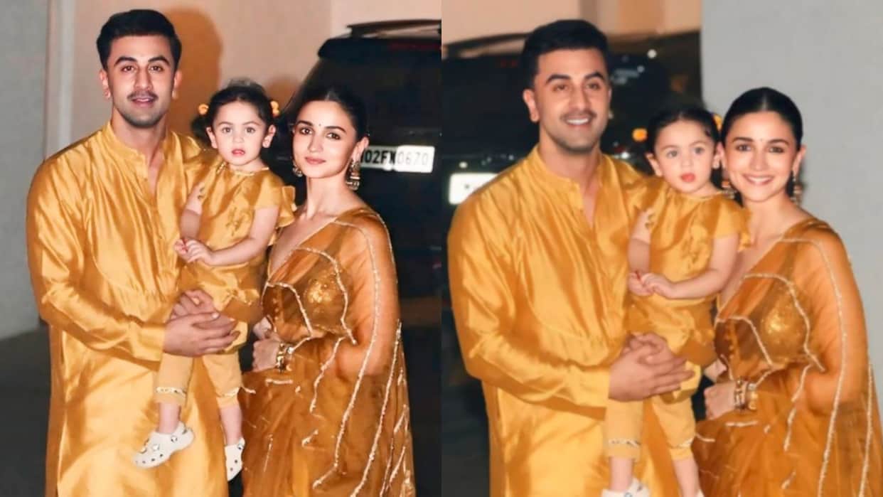 Baby Raha Kapoor is camera friendly give cute poses with her parents in golden clothes tuning