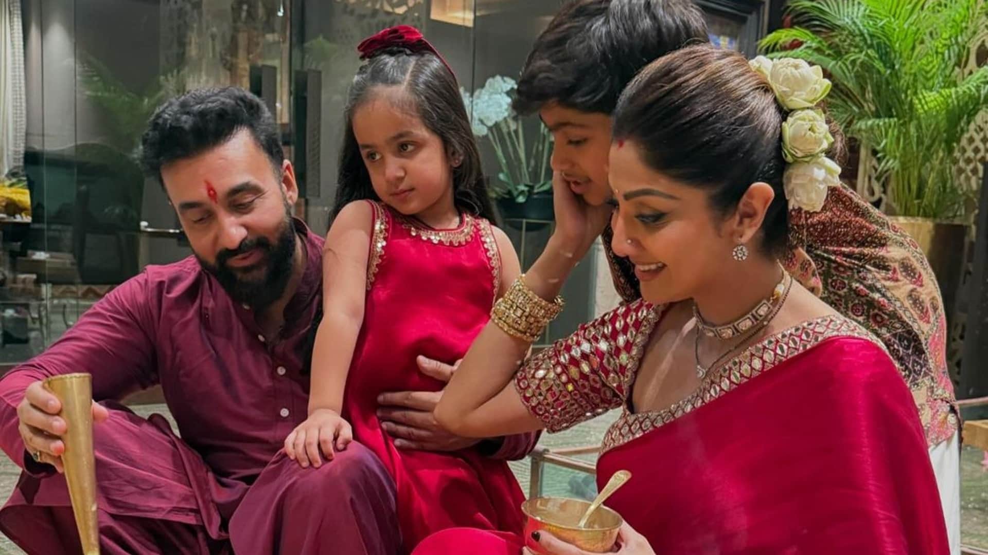 Shilpa Shetty Kundra steps up the Diwali glam in a red satin saree and mirror work blouse for celebrations