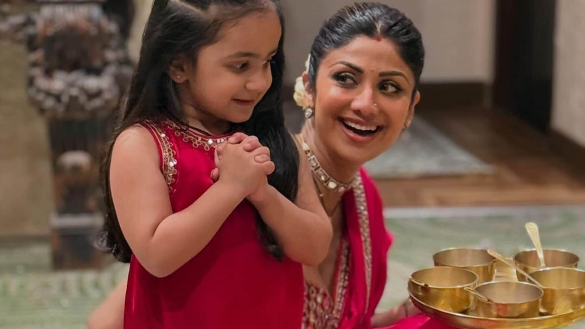 Shilpa Shetty Kundra steps up the Diwali glam in a red satin saree and mirror work blouse for celebrations