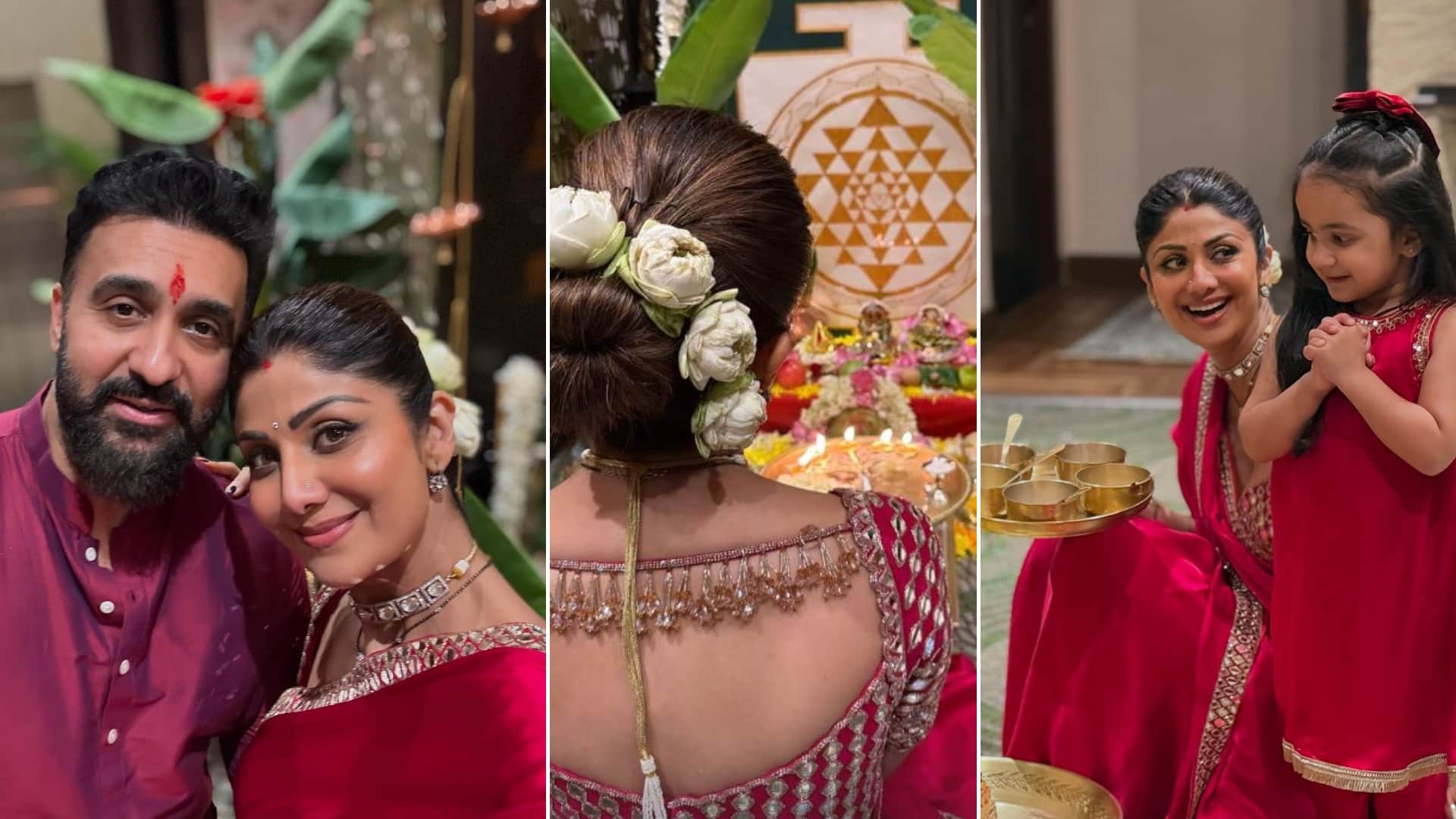 Shilpa Shetty Kundra steps up the Diwali glam in a red satin saree and mirror work blouse for celebrations