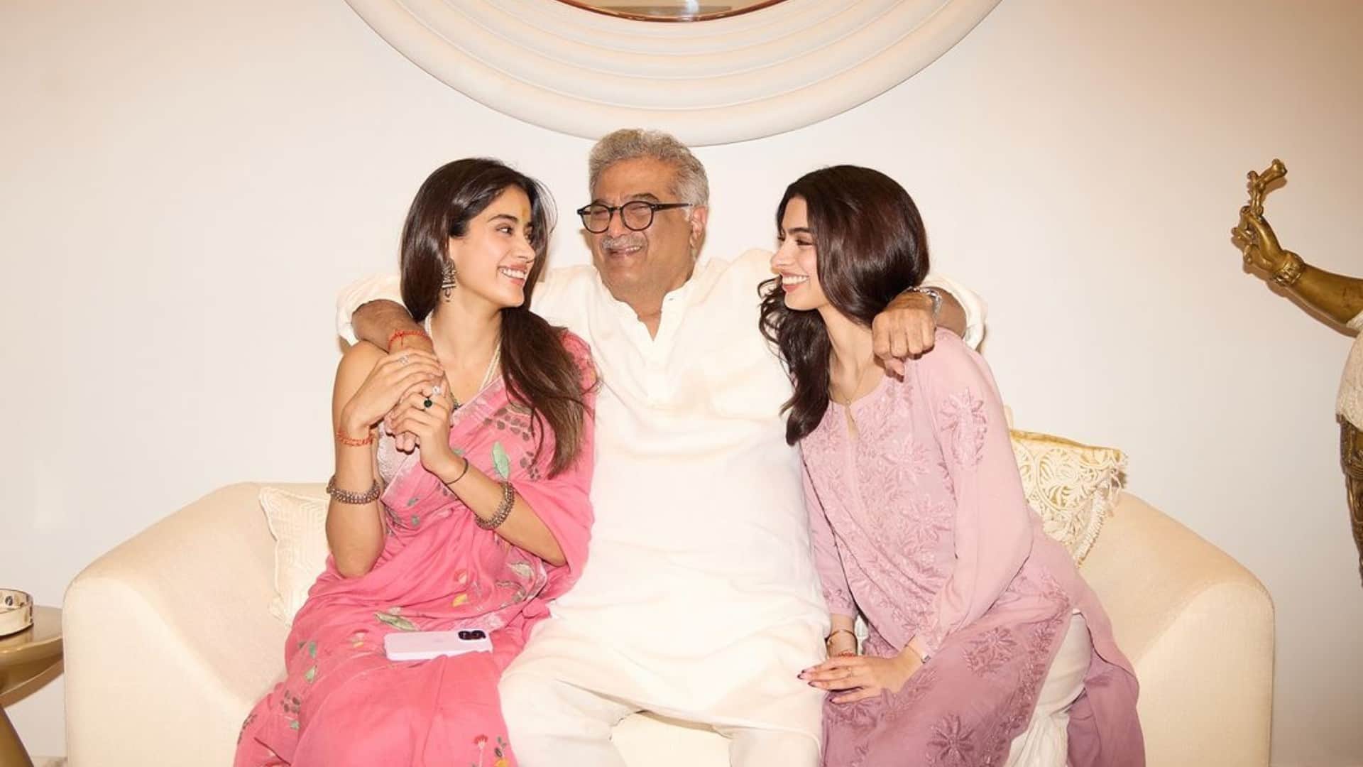 Janhvi Kapoor in pink saree on diwali 2024 Shikhar Pahariya Khushi and Boney Kapoor seen together