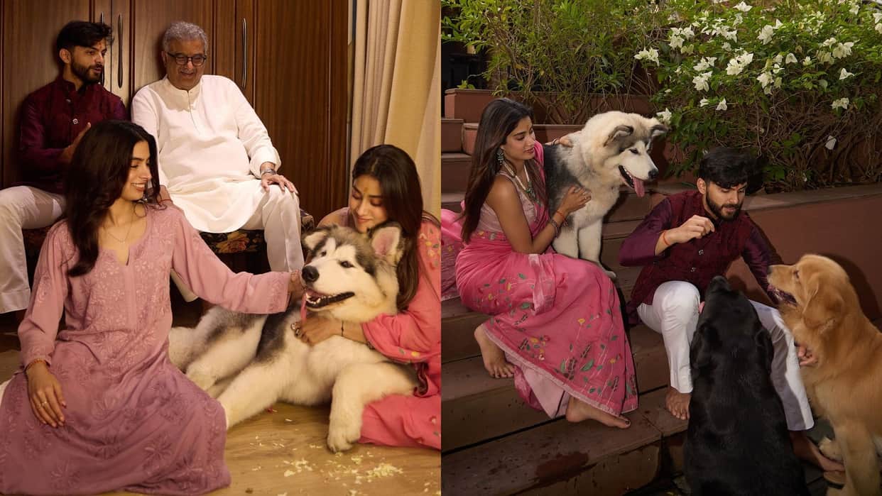 Janhvi Kapoor in pink saree on diwali 2024 Shikhar Pahariya Khushi and Boney Kapoor seen together