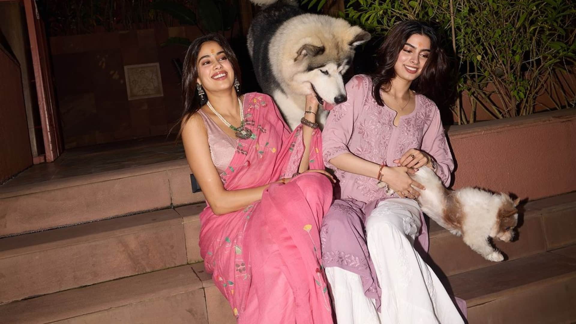Janhvi Kapoor in pink saree on diwali 2024 Shikhar Pahariya Khushi and Boney Kapoor seen together