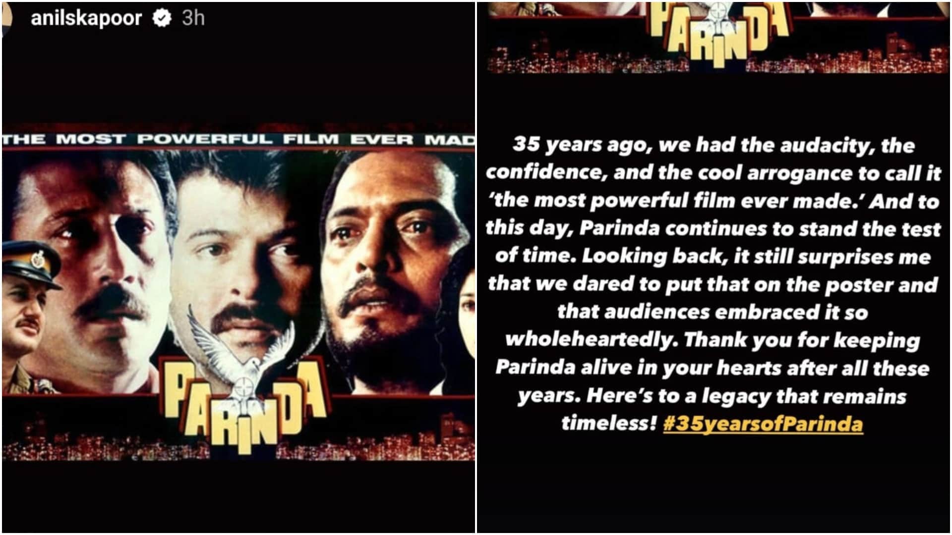Anil kapoor shared special note on completing 35 years of release of his film parinda says most powerful movie