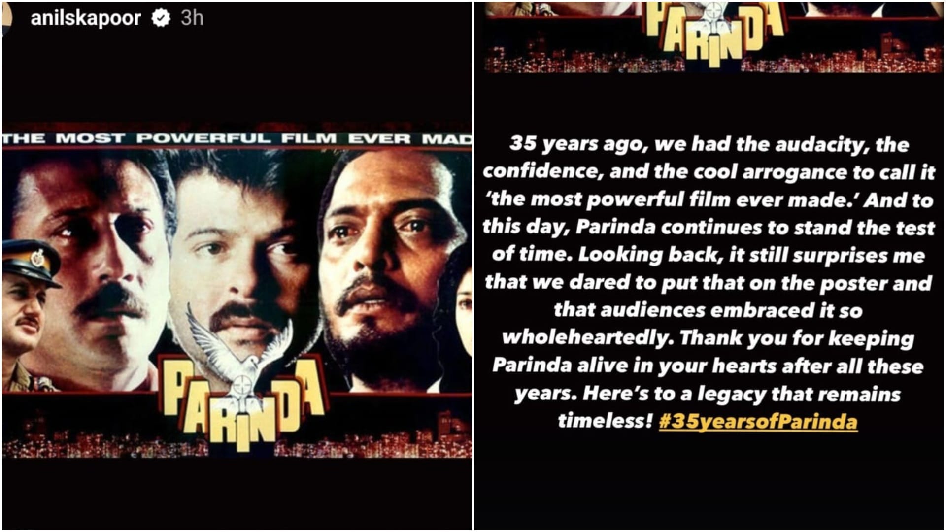Anil kapoor shared special note on completing 35 years of release of his film parinda says most powerful movie