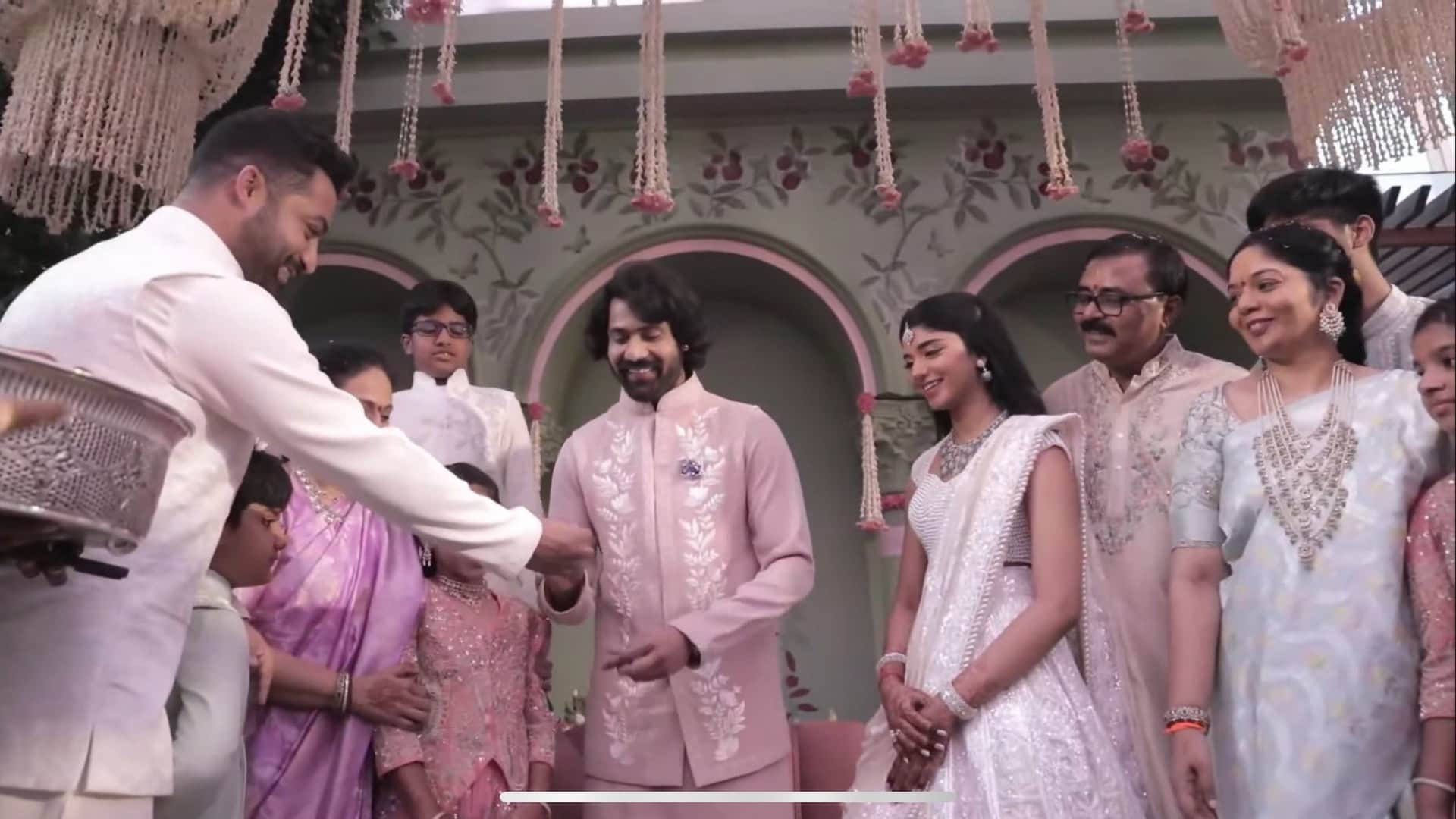 War 2 actor Junior NTR arrives at Narne Nithin engagement ceremony with his wife watch video