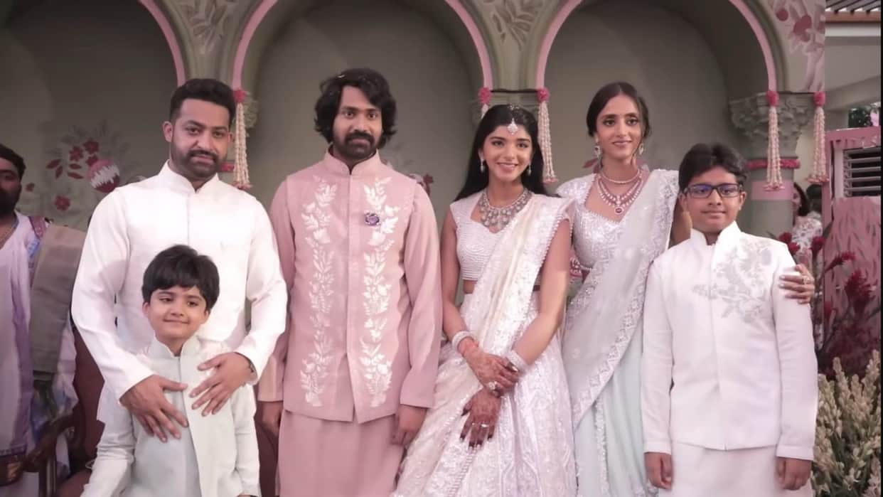 War 2 actor Junior NTR arrives at Narne Nithin engagement ceremony with his wife watch video