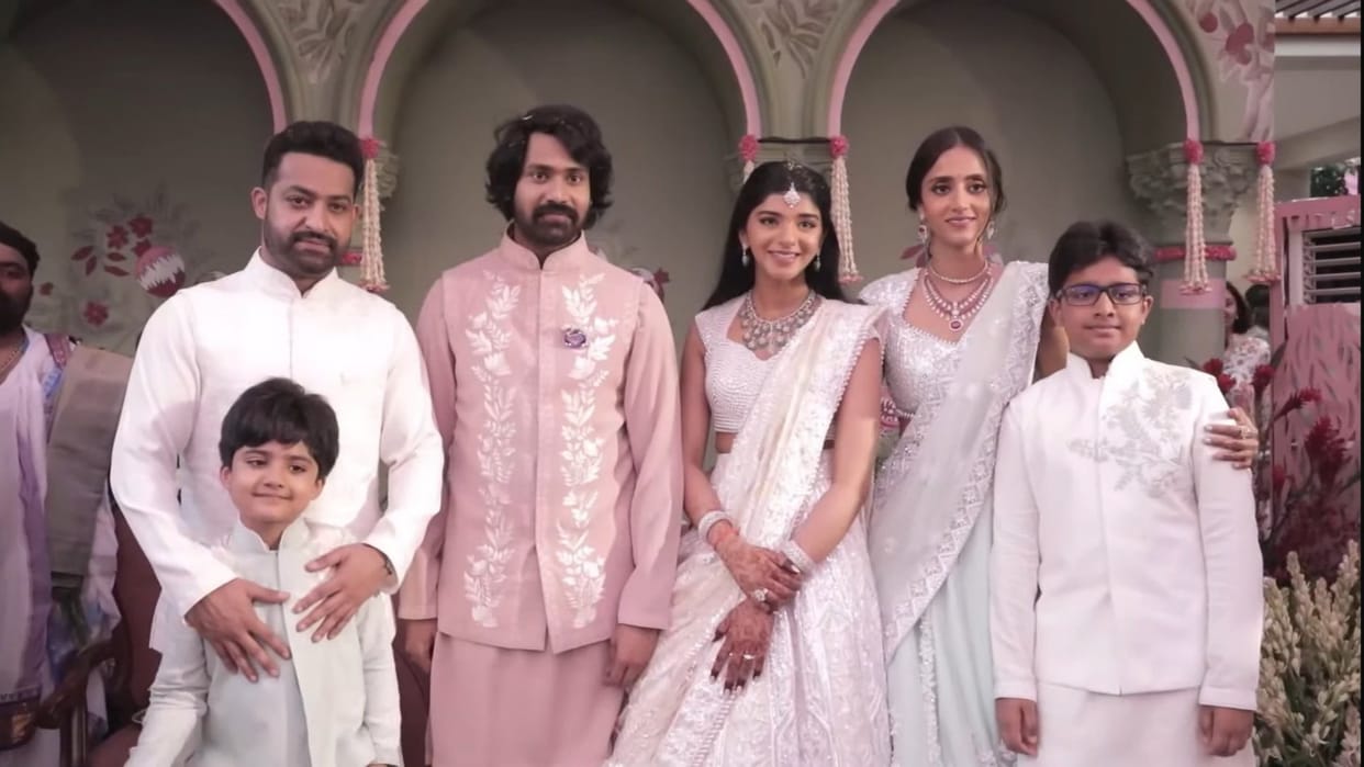 War 2 actor Junior NTR arrives at Narne Nithin engagement ceremony with his wife watch video