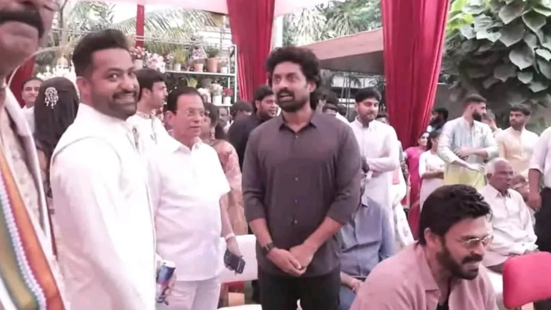 War 2 actor Junior NTR arrives at Narne Nithin engagement ceremony with his wife watch video
