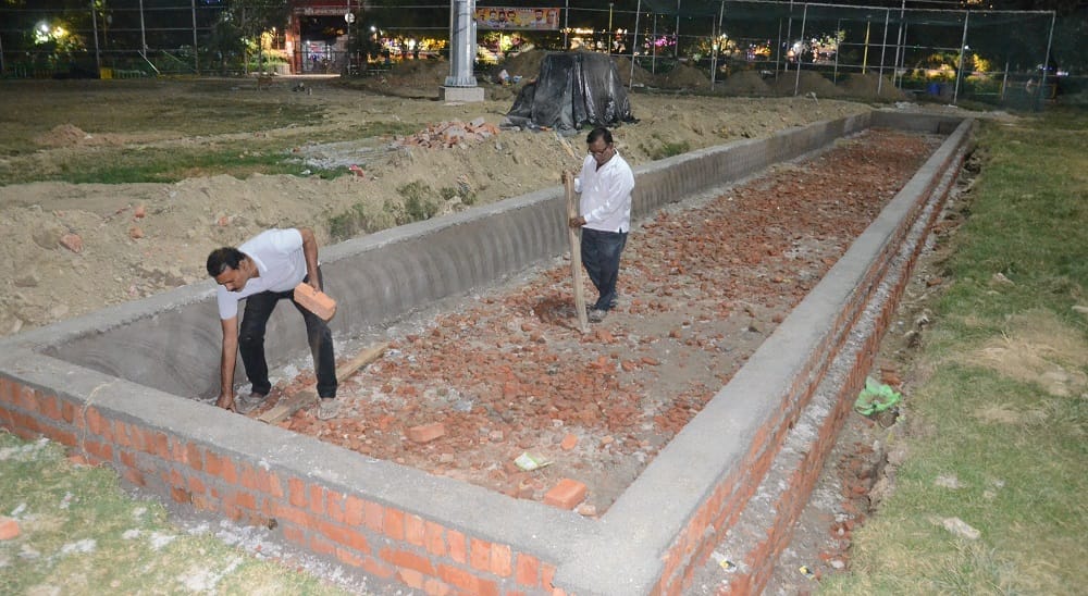 The playground built at the cost of six crores has now been dug up two artificial ponds are being built