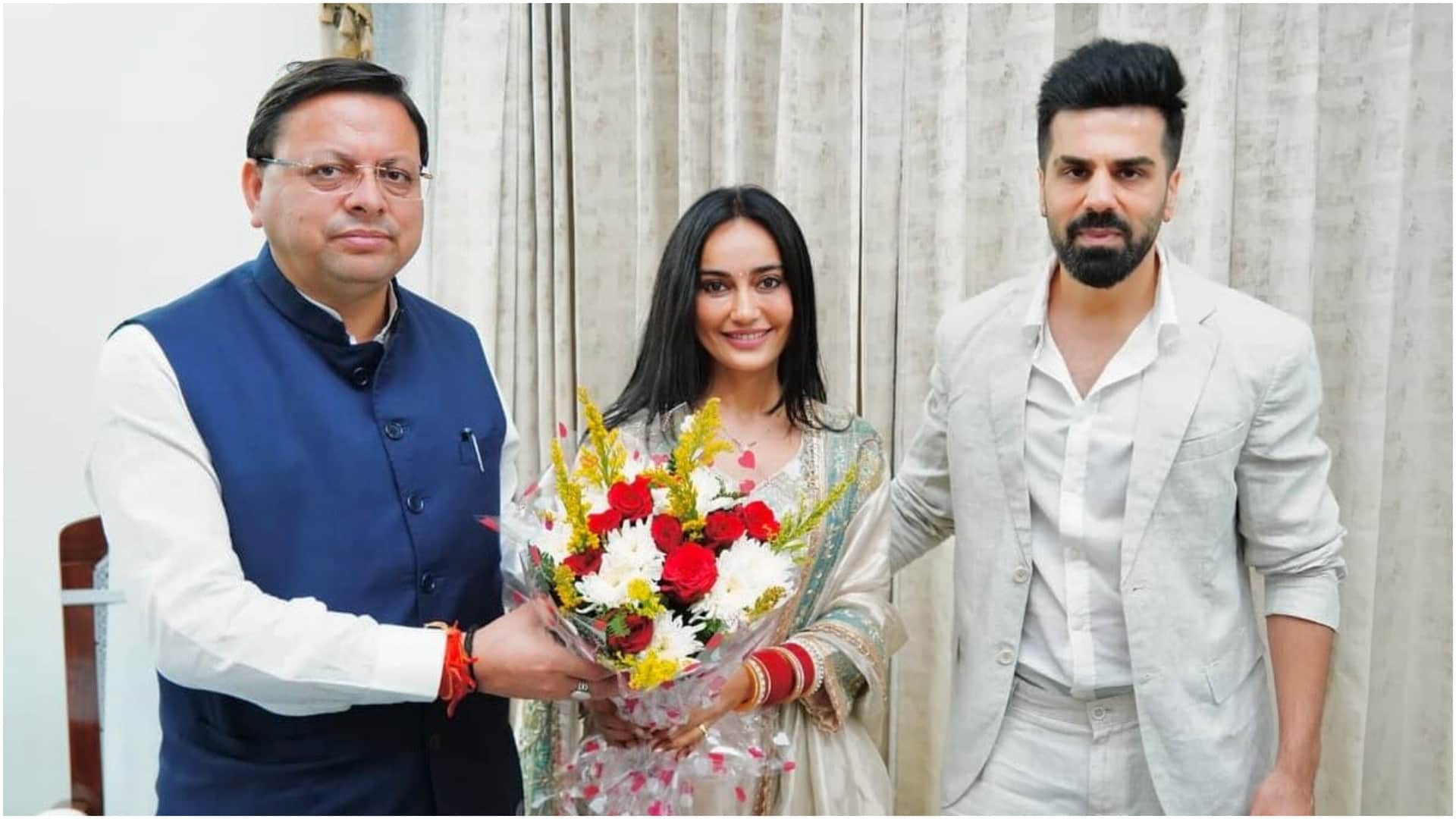Newlyweds Actress Surbhi Jyoti and her husband Sumit Suri Meet Uttarakhand CM Pushkar Singh Dhami