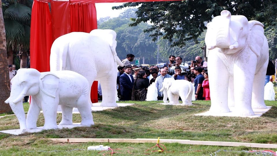 Delhi: Lieutenant Governor unveiled statues of a family of five elephants