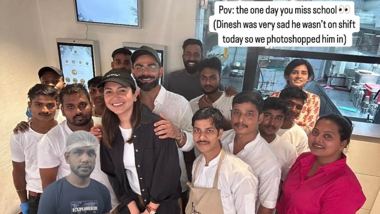 Anushka Sharma Virat Kohli pose with cafe staff fans empathise with photoshopped teammate who was absent