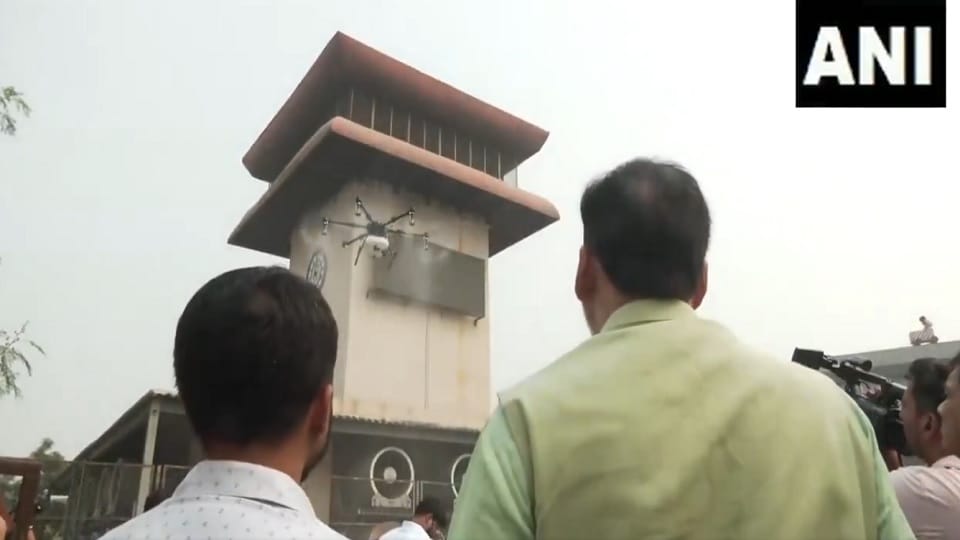 Water was sprayed using drones to tackle pollution in Delhi